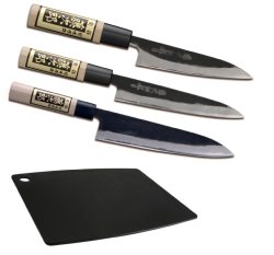 SET DE 3 COUTEAUX JAPONAIS TOJIRO YASUKI SHIROGAMI "FORME EUROPÉENNE" ET PLANCHE