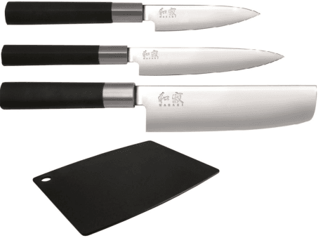 Set de 3 couteaux de cuisine Kai Wasabi Black "forme vegan" et planche
