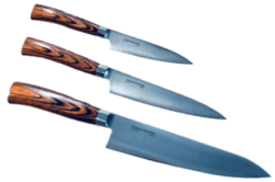 SET DE 3 COUTEAUX DE CUISINE JAPONAIS TAMAHAGANE GAMME SAN "FORME EUROPÉENNE"