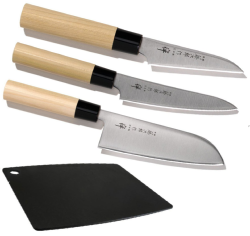 SET DE 3 COUTEAUX DE CUISINE JAPONAIS TOJIRO ZEN ET PLANCHE "FORME JAPONAISE