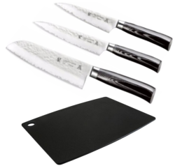 Set de 3 couteaux de cuisine Japonais Tamahagane Hammered" Forme Japonaise " et planche
