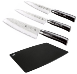 SET 3 COUTEAUX DE CUISINE JAPONAIS TAMAHAGANE HAMMERED "FORME JAPONAISE" PLANCHE