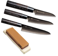 SET DE 3 COUTEAUX DE CUISINE JAPONAIS TOJIRO ZEN BLACK "FORME EUROPÉENNE" ET PIERRE