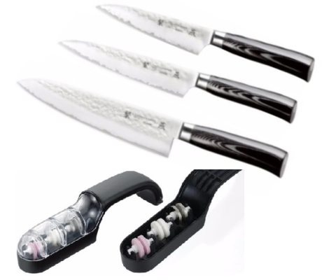 Set de 3 couteaux de cuisine Japonais Tamahagane Hammered" Forme Européenne" et affuteur