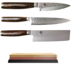 Set de 3 couteaux de cuisine japonais Kai Shun Premier "Forme Vegan" et pierre
