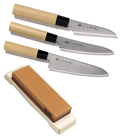 Set de 3 couteaux japonais Tojiro Zen forme européenne + pierre à aiguiser Tojiro