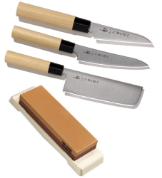 Set de 3 couteaux japonais Tojiro Zen forme vegan + pierre à aiguiser Tojiro