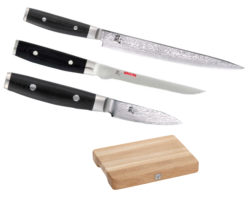 SET 3 COUTEAUX DE CUISINE JAPONAIS YAXELL RAN "SPÉCIAL POISSON" PLANCHE