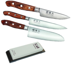 SET DE 3 COUTEAUX DE CUISINE JAPONAIS KAI SEKI MAGOROKU VINTAGE "FORME JAPONAISE" ET PIERRE