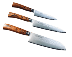 SET DE 3 COUTEAUX DE CUISINE JAPONAIS TAMAHAGANE GAMME TSUBAME WOOD "FORME JAPONAISE"