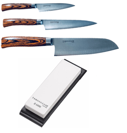 Set de 3 couteaux japonais Tamahagane San - forme japonaise + pierre à aiguiser Tamahagane