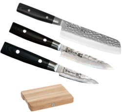 SET 3 COUTEAUX DE CUISINE JAPONAIS YAXELL ZEN "FORME VEGAN" PLANCHE