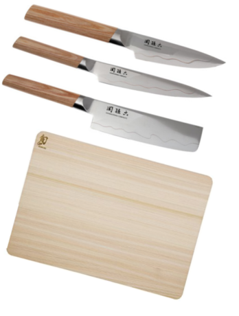 Set de 3 couteaux japonais Kai Seki Magoroku composite "forme végan" et planche