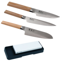 Set de 3 couteaux japonais Kai Seki Magoroku composite "forme japonaise" et pierre
