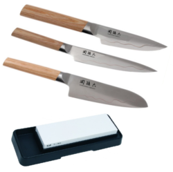SET DE 3 COUTEAUX JAPONAIS KAI SEKI MAGOROKU COMPOSITE "FORME JAPONAISE" ET PIERRE
