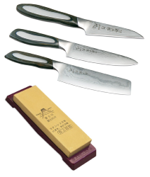 Set de 3 couteaux japonais Tojiro Flash forme vegan + pierre à aiguiser Tojiro