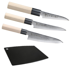 SET DE 3 COUTEAUX DE CUISINE JAPONAIS TOJIRO SHIPPU "FORME EUROPÉENNE" ET PLANCHE