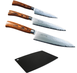 SET DE 3 COUTEAUX DE CUISINE JAPONAIS TAMAHAGANE GAMME TSUBAME WOOD "FORME EUROPÉENNE" ET PLANCHE