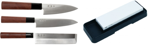 Set de 3 couteaux japonais Kai Seki Magoroku Red Wood - couteaux pour légumes + pierre à aiguiser