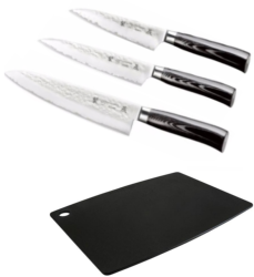 Set de 3 couteaux de cuisine Japonais Tamahagane Hammered" Forme Européenne" et planche