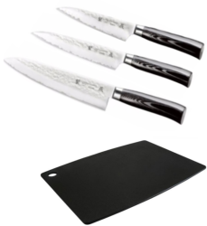 SET 3 COUTEAUX DE CUISINE JAPONAIS TAMAHAGANE HAMMERED "FORME EUROPÉENNE" PLANCHE