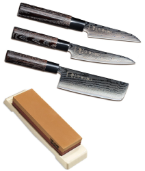 SET DE 3 COUTEAUX DE CUISINE JAPONAIS TOJIRO SHIPPU BLACK "FORME VÉGAN" ET PIERRE