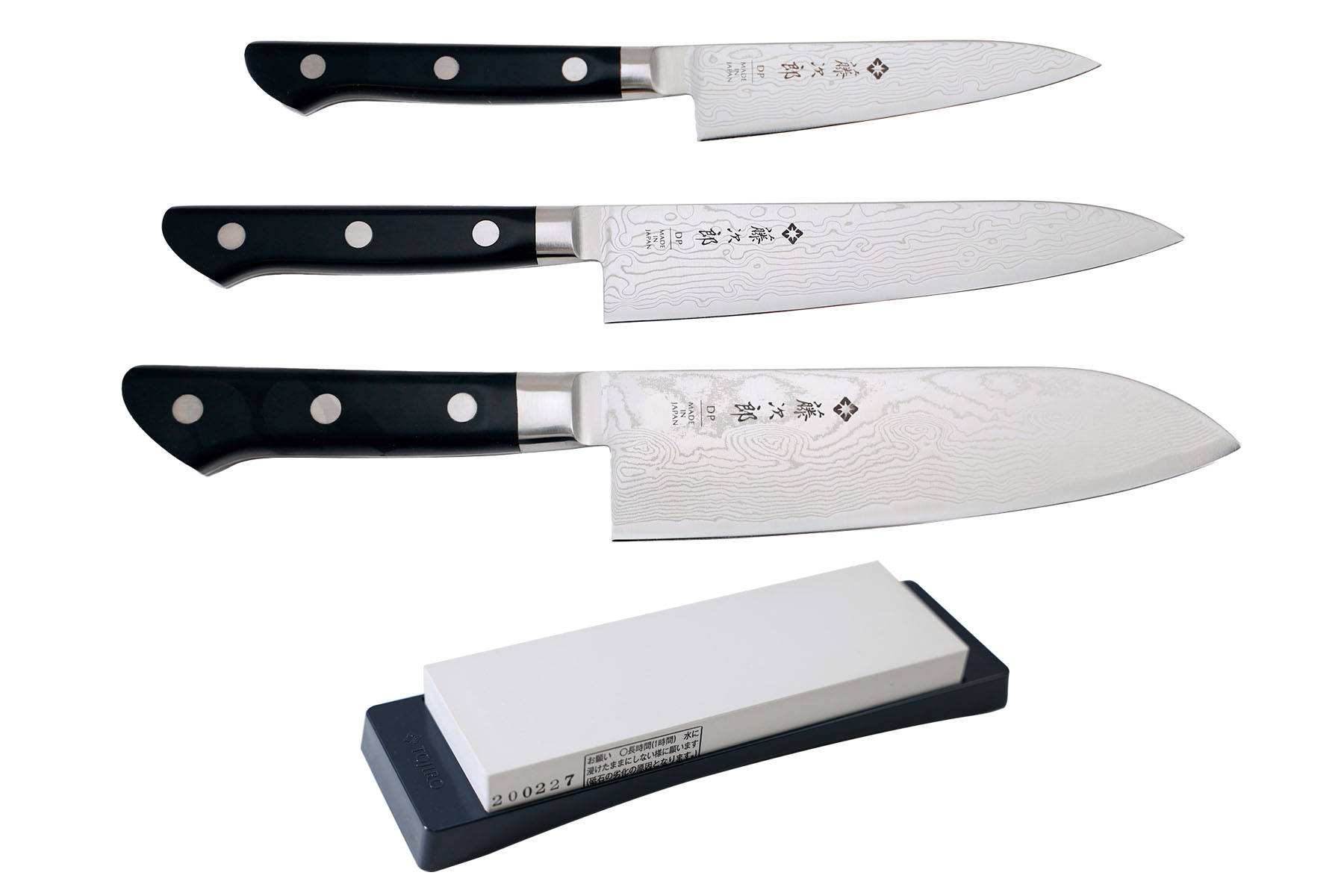 Set de 3 couteaux japonais Tojiro Damascus Pro SGPS forme japonaise et pierre