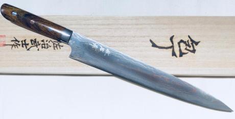 COUTEAU ARTISANAL "RAINBOW DAMASCUS" DE TAKESHI SAJI - SUJIHIKI 270 MM - 1112