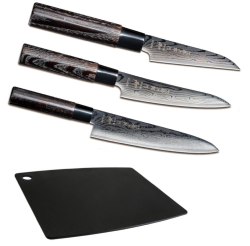 SET DE 3 COUTEAUX DE CUISINE JAPONAIS TOJIRO SHIPPU BLACK "FORME EUROPÉENNE" ET PLANCHE
