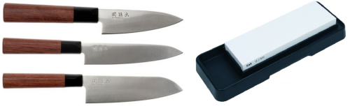 Set de 3 couteaux japonais Kai Seki Magoroku Red Wood - type japonais + pierre à aiguiser Kai