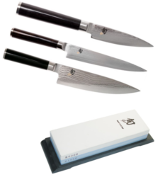 SET DE 3 COUTEAUX DE CUISINE JAPONAIS KAI SHUN CLASSIC "FORME EUROPÉENNE" ET PIERRE