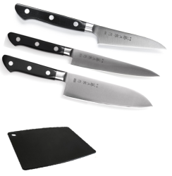 SET DE 3 COUTEAUX DE CUISINE JAPONAIS TOJIRO DP SERIE ET PLANCHE "FORME JAPONAISE"