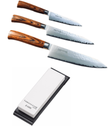 SET DE 3 COUTEAUX DE CUISINE JAPONAIS TAMAHAGANE GAMME TSUBAME WOOD "FORME EUROPÉENNE" ET PIERRE