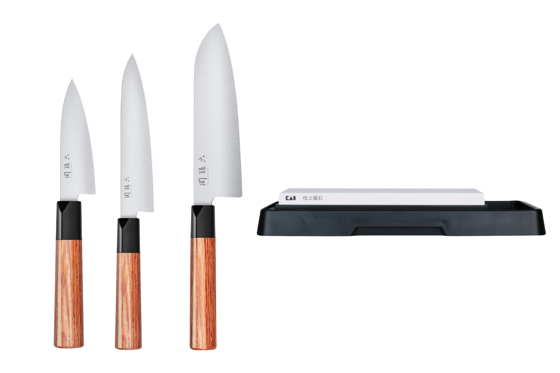 Set de 3 couteaux japonais Kai Seki Magoroku Red Wood - type japonais + pierre à aiguiser Kai