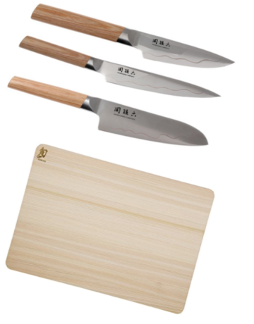 Set de 3 couteaux japonais Kai Seki Magoroku composite "forme japonaise" et planche