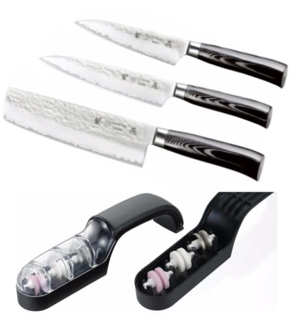 Set de 3 couteaux japonais Tamahagane Tsubame Hammered - Forme vegan + affûteur manuel Tamahagane
