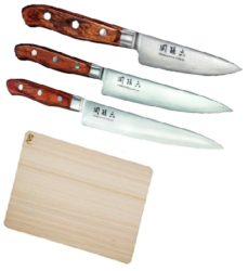 SET DE 3 COUTEAUX DE CUISINE JAPONAIS KAI SEKI MAGOROKU VINTAGE "SPÉCIAL POISSON" ET PLANCHE
