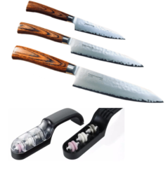 SET DE 3 COUTEAUX DE CUISINE JAPONAIS TAMAHAGANE GAMME TSUBAME WOOD "FORME EUROPÉENNE" ET AFFÛTEUR