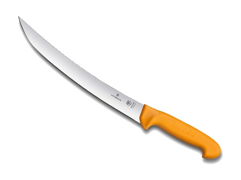 Couteau de boucher Swibo, lame dos renversé étroite 26 cm - manche jaune grillon