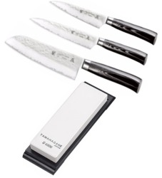 Set de 3 couteaux de cuisine Japonais Tamahagane Hammered" Forme Japonaise " et pierre