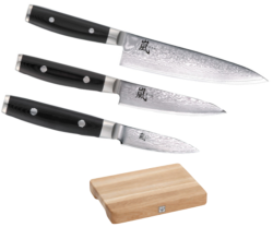 SET 3 COUTEAUX DE CUISINE JAPONAIS YAXELL RAN "FORME EUROPÉENNE" PLANCHE