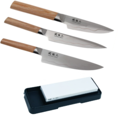 Set de 3 couteaux japonais Kai Seki Magoroku composite "forme Européenne" et pierre