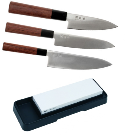 Set de 3 couteaux Kai Seki Magoroku "FORME EUROPÉENNE" et pierre