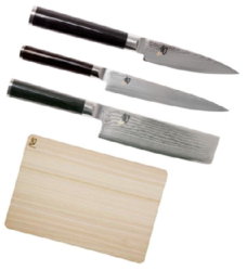 SET DE 3 COUTEAUX DE CUISINE JAPONAIS KAI SHUN CLASSIC "FORME VÉGAN" ET PLANCHE