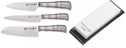 SET 3 COUTEAUX DE CUISINE TAMAHAGANE GAMME BAMBOO 63PLY "FORME JAPONAISE" ET PIERRE