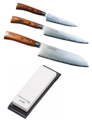 SET DE 3 COUTEAUX DE CUISINE JAPONAIS TAMAHAGANE GAMME TSUBAME WOOD "FORME JAPONAISE" ET PIERRE