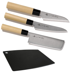 SET DE 3 COUTEAUX DE CUISINE JAPONAIS TOJIRO ZEN ET PLANCHE "FORME VÉGAN