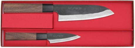 COFFRET DE 2 COUTEAUX DE CUISINE JAPONAIS ARTISANAUX KAMO BRUT DE FORGE