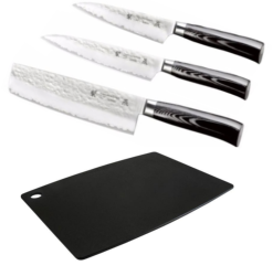 SET 3 COUTEAUX DE CUISINE JAPONAIS TAMAHAGANE HAMMERED "FORME VEGAN" PLANCHE