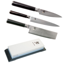 SET DE 3 COUTEAUX DE CUISINE JAPONAIS KAI SHUN CLASSIC "FORME VÉGAN" ET PIERRE